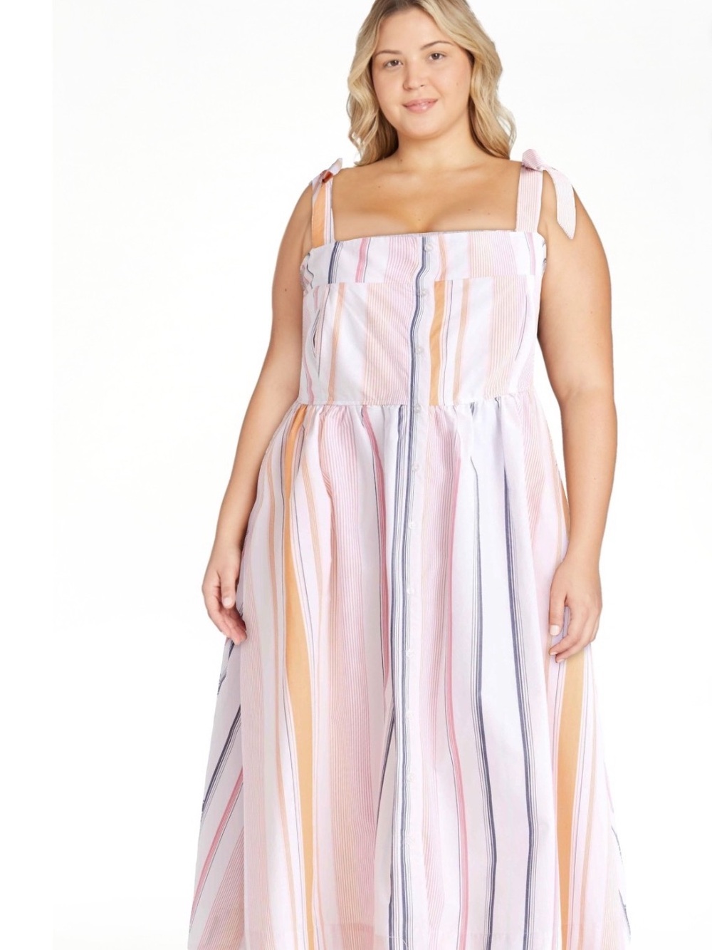 Striped Tie-Shoulder Midi Dress in Pastel Multi